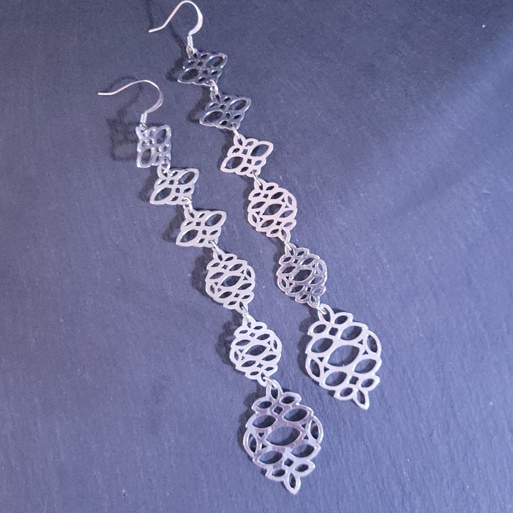 Silver Tone Filigree Dangle Drop Runway Earrings Extra Long 5" Inch Y2K